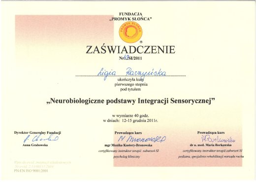 Certyfikat Neurobiologiczne podstawy integracji sensorycznej – Ligia Raczyńska Syców