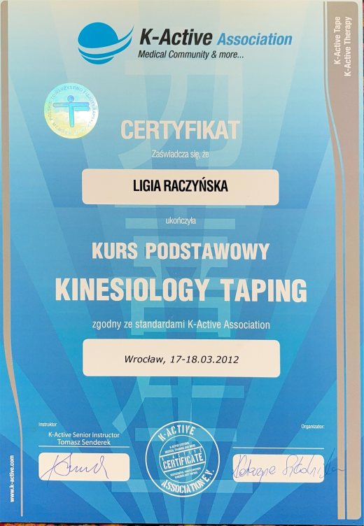 Certyfikat Kinesiology taping – Ligia Raczyńska Syców