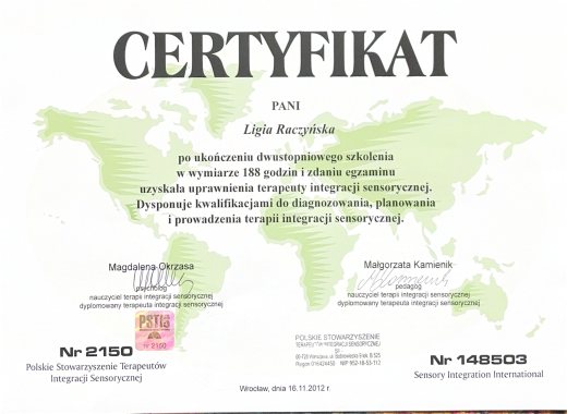 Certyfikat Terapeuta integracji sensorycznej – Ligia Raczyńska Syców