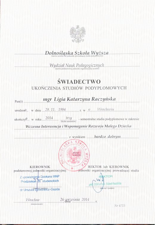 Certyfikat Dyplom ukonczenia studiow podyplomowych DSW – Ligia Raczyńska Syców