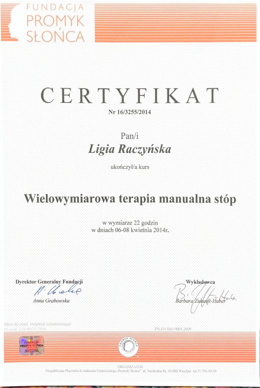 Certyfikat Wielowymiarowa terapia manualna stóp – Ligia Raczyńska Syców