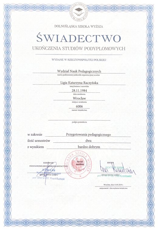 Certyfikat Dyplom ukonczenia studiow podyplomowych DSW – Ligia Raczyńska Syców