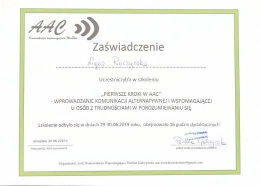 Certyfikat Pierwsze kroki w AAC – Ligia Raczyńska Syców