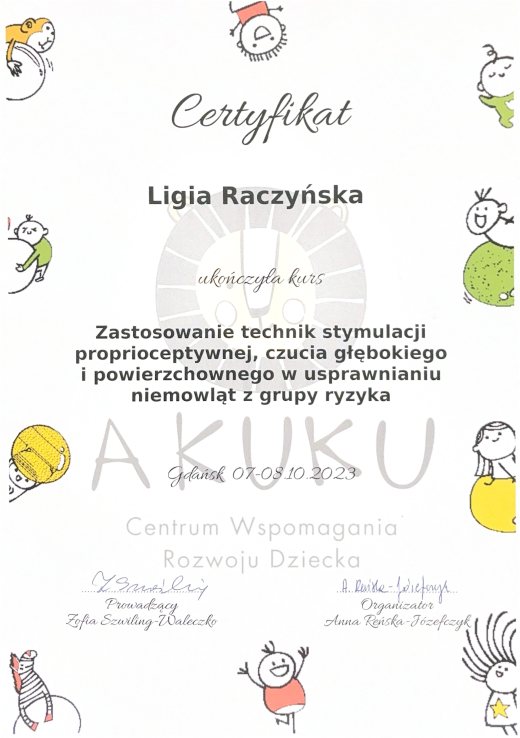 Certyfikat Techniki stymulacji proprioceptywnej – Ligia Raczyńska Syców