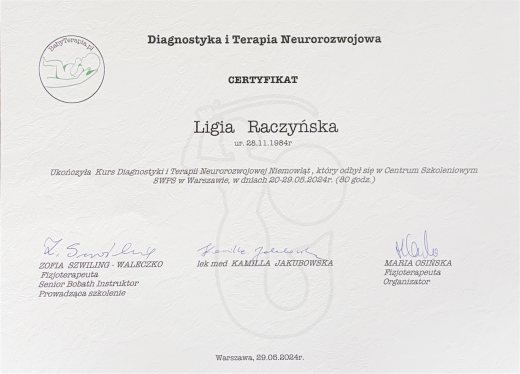 Certyfikat Diagnostyka i terapia neurorozwojowa niemowląt – Ligia Raczyńska Syców