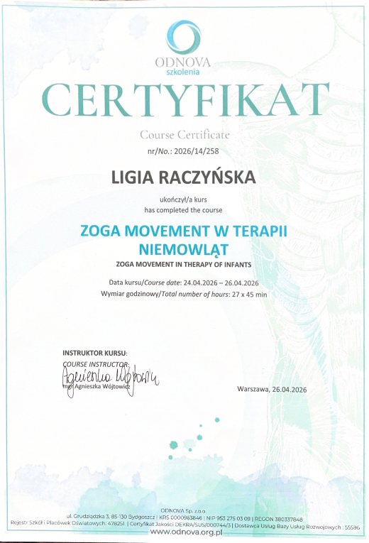 Certyfikat ZOGA Movement w terapii dla niemowlat – Ligia Raczyńska Syców